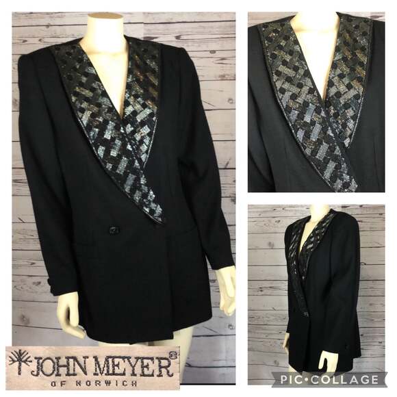 Vintage John Meyer of Norwich wool blazer with beaded shawl collar size 16 - Picture 2 of 12